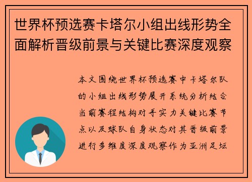 世界杯预选赛卡塔尔小组出线形势全面解析晋级前景与关键比赛深度观察